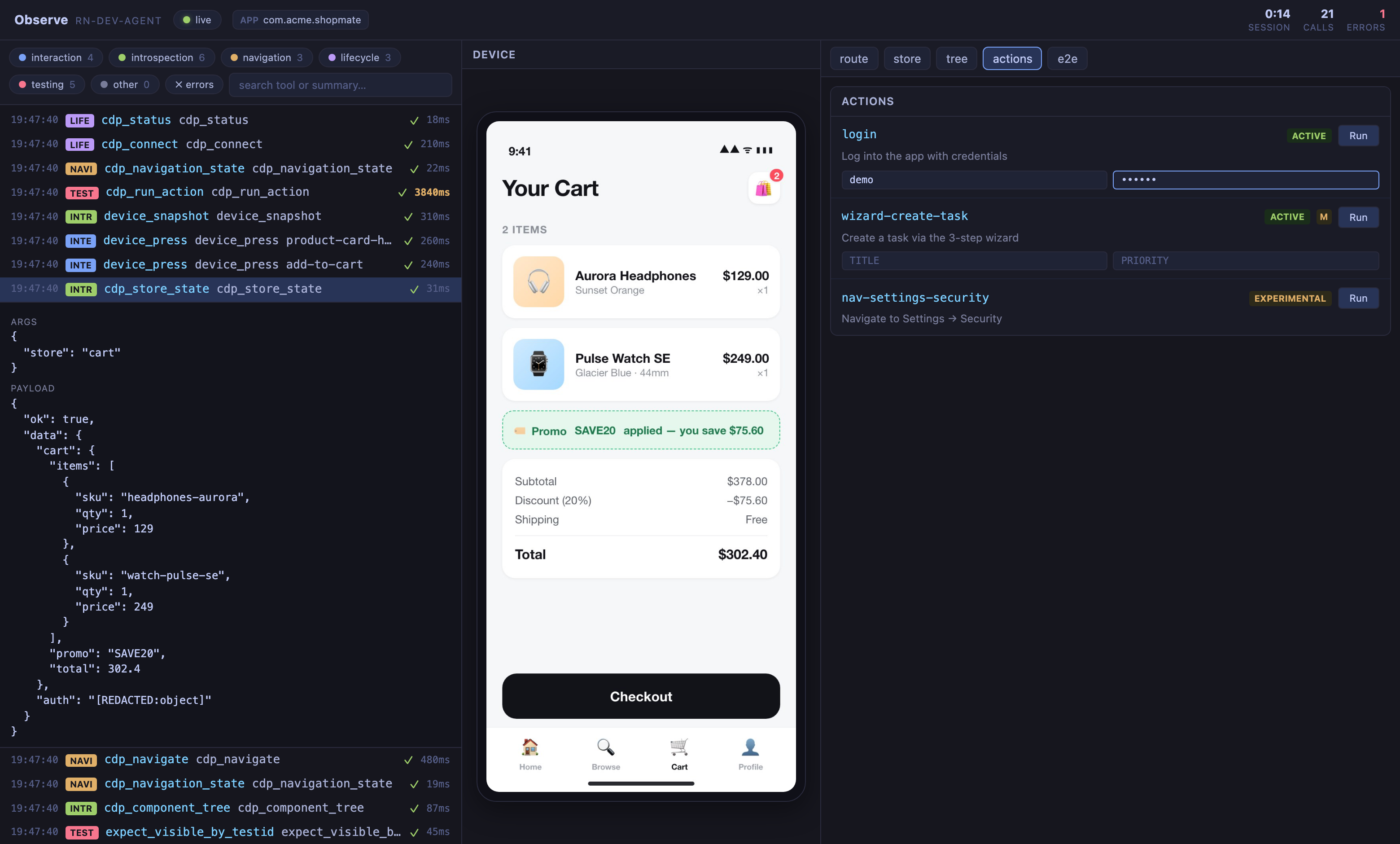 The Actions tab: learned actions with status badges, parameter inputs, and Run buttons