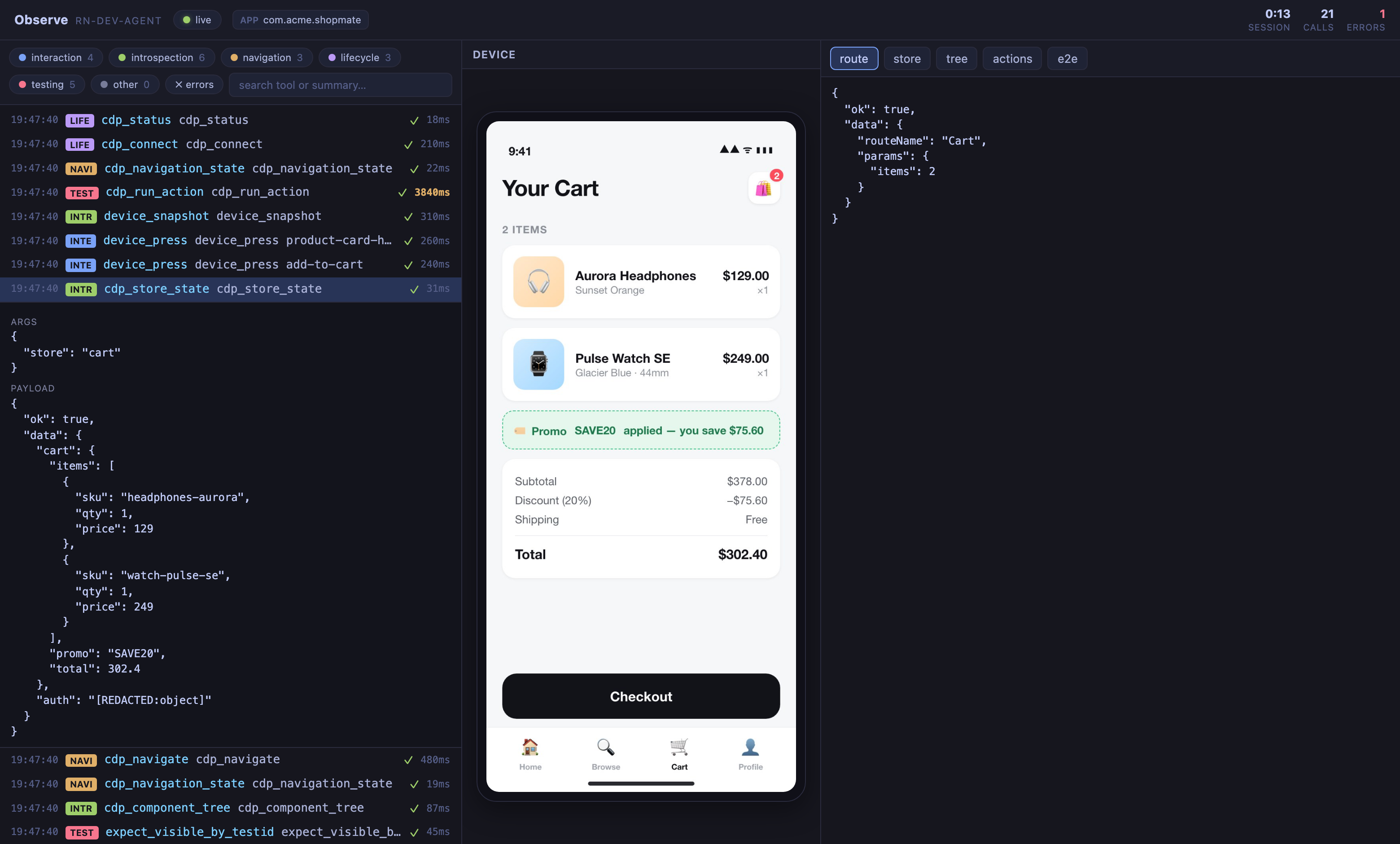 The observe UI: live tool-call timeline on the left, device mirror in the middle, and app-state tabs on the right